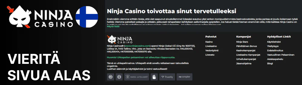 Avaa Ninja Casino -välilehti ja selaa alaspäin alatunnisteeseen