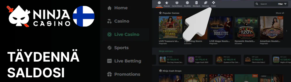 Käytä suodattimia tai hakupalkkia löytääksesi haluamasi pelin Ninja Casino