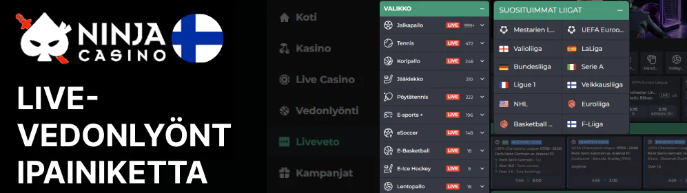 Valitse laji, maa ja kilpailu vasemmalta Ninja Casino