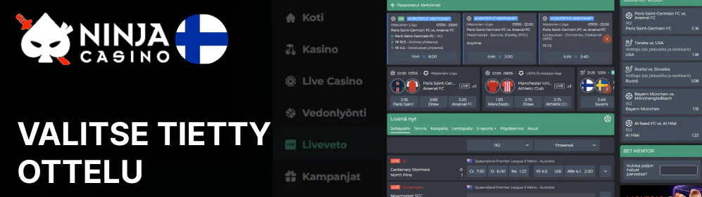 Selaa sivua alaspäin valitaksesi tietyn ottelun Ninja Casino
