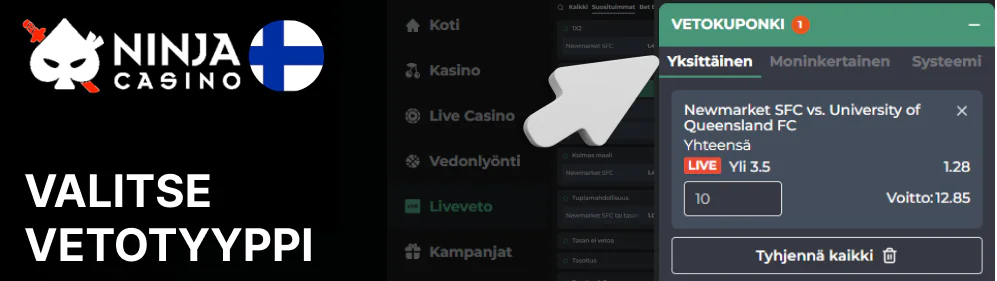 Avaa oikealla oleva vedonlyöntilippu ja valitse panostyyppi Ninja Casino
