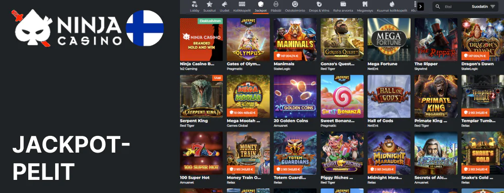 Ninja Casino tarjoaa erilaisia jättipottipelejä, joissa on merkittävä palkintopotentiaali