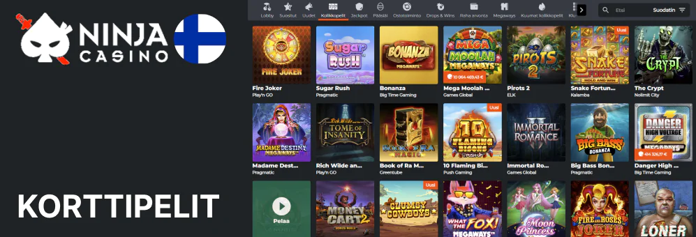 Ninja Casino tarjoaa noin 70 korttipeliä