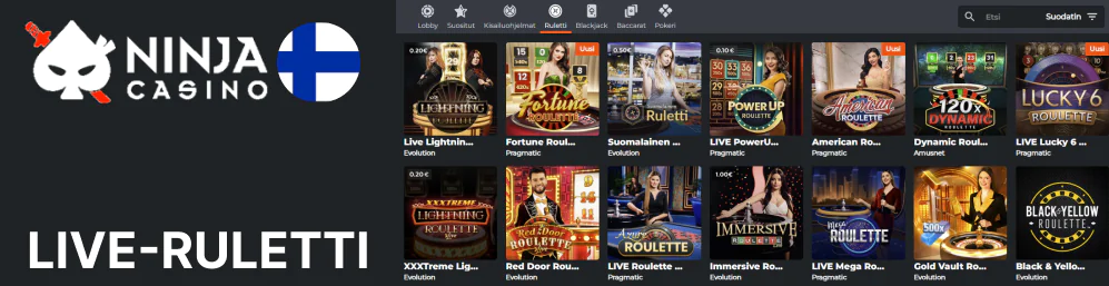 Ninja Casino tarjoaa 26 live-rulettipeliä