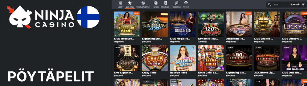 Live-kasino -välilehdellä on muun muassa erilaisia pöytäpelejä Ninja Casino