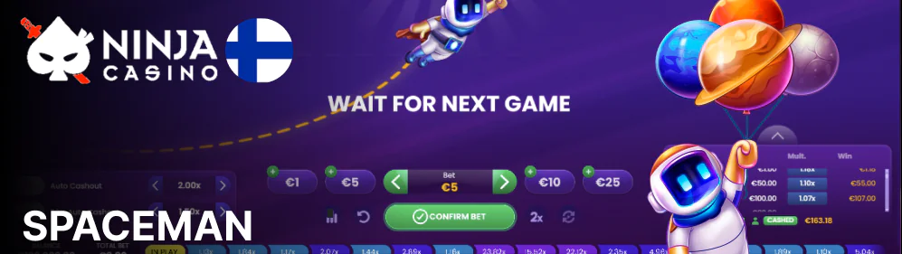 Spaceman in Ninja Casino haastaa pelaajat lyömään vetoa kirjaimellisesti avaruusmiehen puolesta, joka lentää koko avaruudessa
