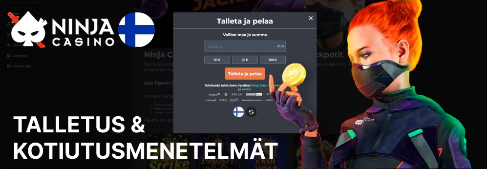 Ninja Casino Sivusto tukee 9 maksuvälinettä talletuksia ja kotiutuksia varten