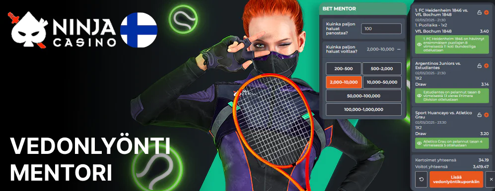Vedonvälittäjä saattaa tarjota henkilökohtaisia vedonlyöntivinkkejä Vedonlyönti mentoriin kautta Ninja Casino
