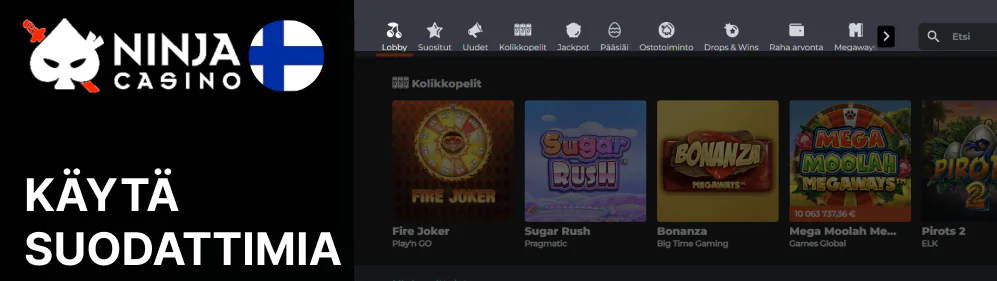 Käytä suodattimia tai yläreunan hakupalkkia löytääksesi tietyn pelin Ninja Casino