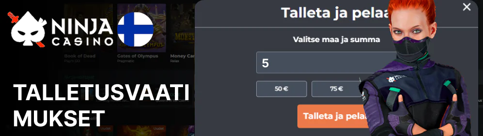 Ninja Casino minimitalletus on €5 – tämä on pienin summa, jonka voit sijoittaa kasinon saldoosi.