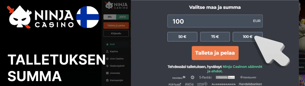 Aseta talletussumma ja paina Talletus ja pelaaminen Ninja Casino