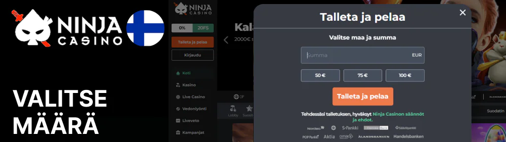 Ninja Casino valitse summa, paina Talleta ja kirjaudu sisään pankkiin