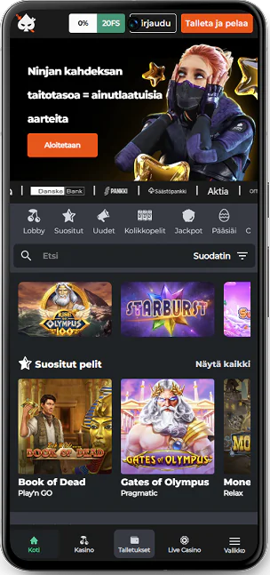 Ninja Casino pääsivun kuvakaappaus